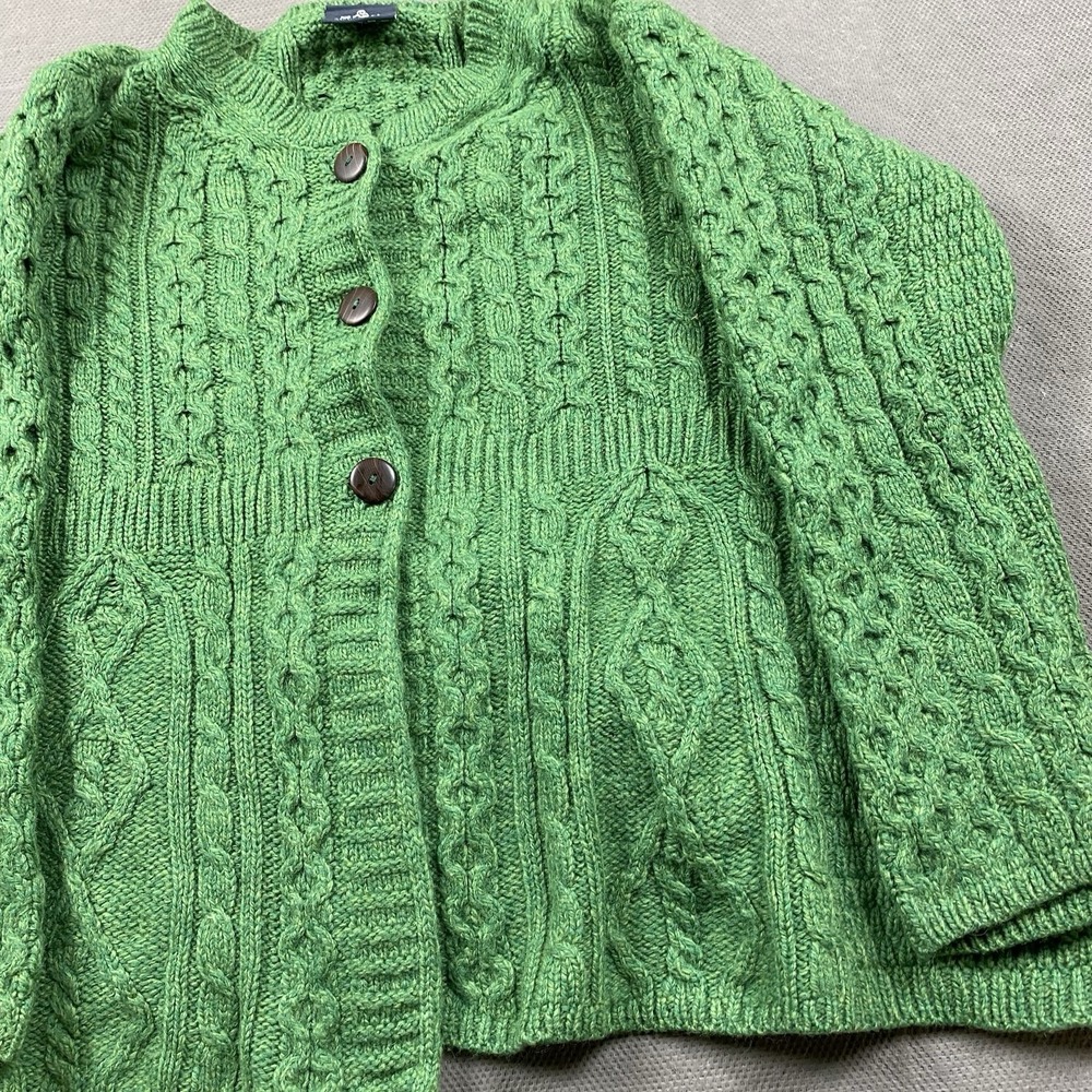 Aran Woollen Mills Sweater Womens 1X Green Button Cable Knit Ireland 100% Wool - Picture 3 of 10